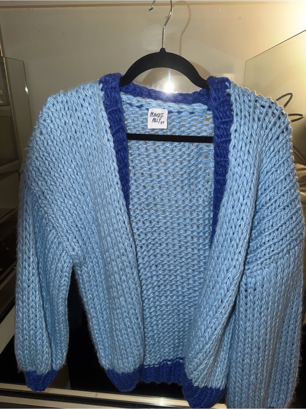 Princess Polly Light Blue Chunky Knit Cardigan with Dark Blue Trim - size S